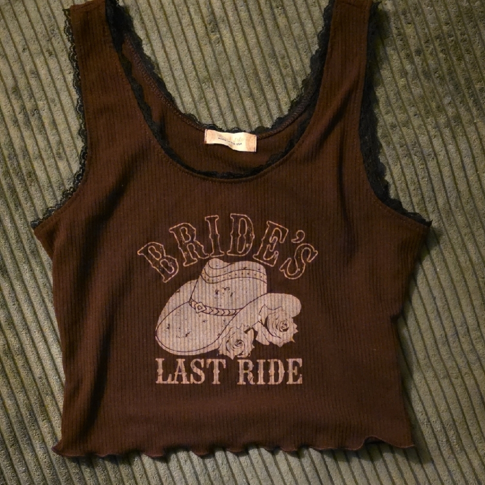 Altar'd State BRIDES LAST RIDE Brown Lace Trim Tank Bridal Bachlorette